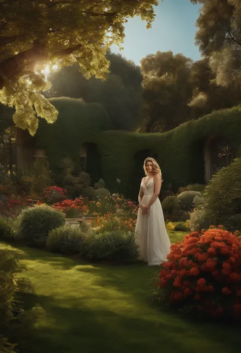 highly detailed , ultra realistic , 8k , masterpiece , amber heard , in garden beneath a tree , cinematic ,