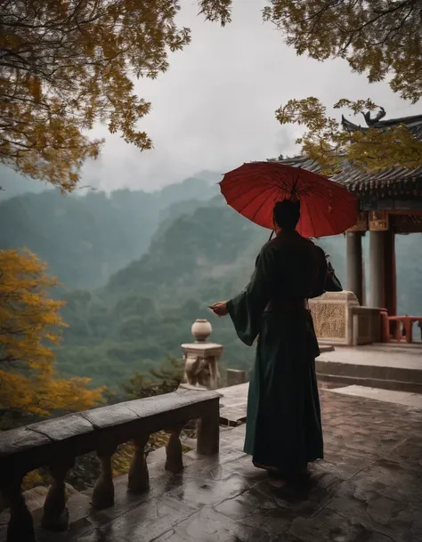 A girl wearing a Hanfu umbrella，Behind him is the temple，Walking alone in heavy rain，In the distance are mountains and waterfalls，tmasterpiece，Masterpiece，rich details​，Da Vinci color grading，4D cinematic texture