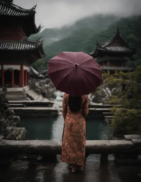 A girl wearing a Hanfu umbrella，Behind him is the temple，Walking alone in heavy rain，In the distance are mountains and waterfalls，tmasterpiece，Masterpiece，rich details​，Da Vinci color grading，4D cinematic texture