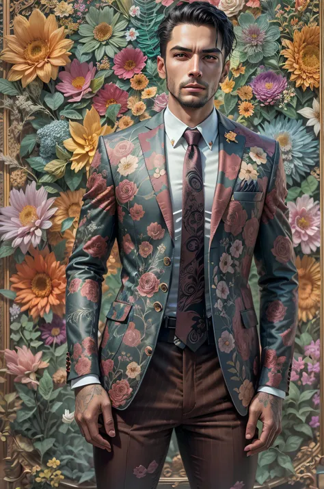 Generate a highly detailed and visually captivating image of a male character dressed in a sophisticated suit adorned with an intricate floral pattern. The suit exhibits a seamless gradient of colors, seamlessly transitioning from one shade to another. The...