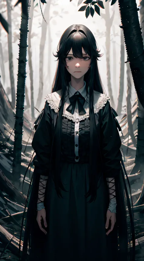 melancholy face，Girl with long hair，with a good figure，ln the forest，Armageddontic crisis，4K，A high resolution，9：16，large scene，Faraway view，wide wide shot