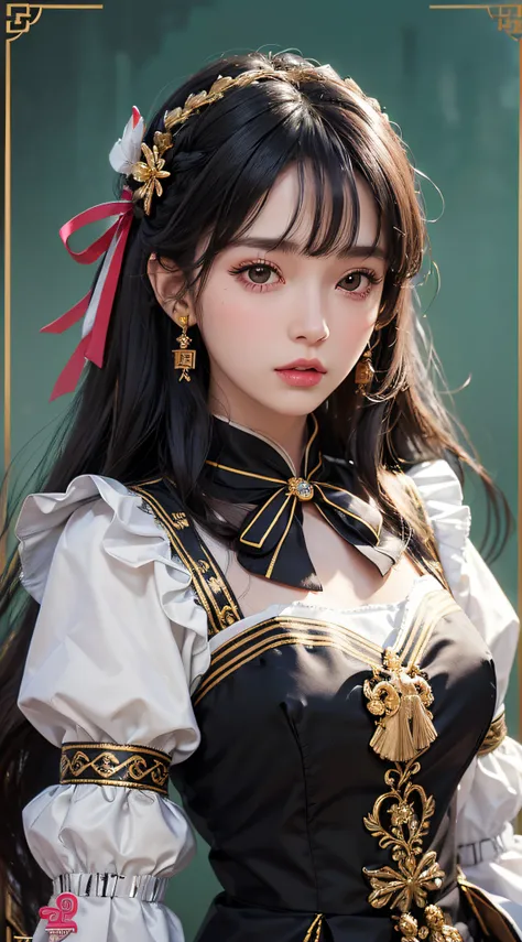 best quality, (photorealistic:1.2), 1girl, solo, detailed face, face focus, standing, black hair,(hair ornament:1.35),office lady, ribbon-trimmed sleeves, detached sleeves, ribbon trim, wide sleeves, (looking at viewer:1.5) long hair, black eyes, bangs, li...