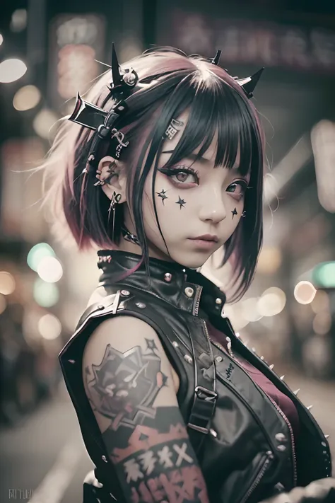 Sleeveless、The tattoo、bright red、Really red、Red、Red-haired、rot、red hairs、head phone、🎧、goth_punk, 1girl in, 独奏, medium shot, Walking in Harajuku, ((during night)), bokeh dof, Neon light, Iridescent eyes, starrysky, red glowing hair, Black eyebrows, Radiant ...