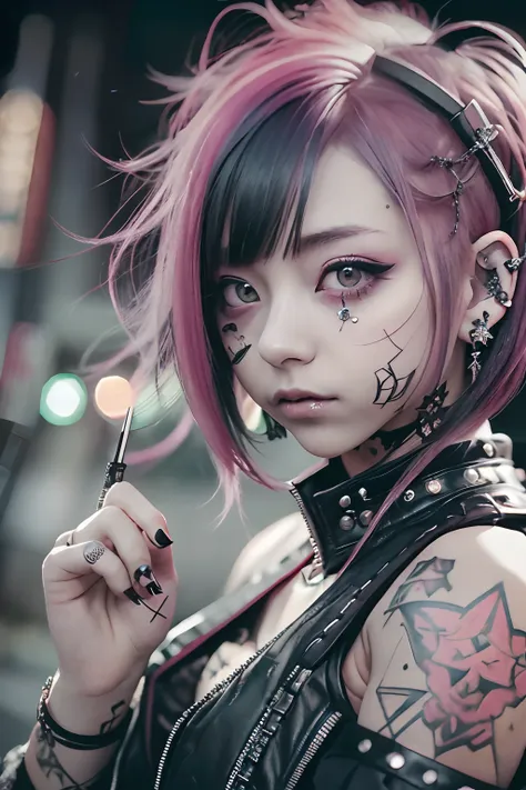 Sleeveless、The tattoo、bright red、Really red、Red、Red-haired、rot、red hairs、head phone、🎧、goth_punk, 1girl in, 独奏, medium shot, Walking in Harajuku, ((during night)), bokeh dof, Neon light, Iridescent eyes, starrysky, red glowing hair, Black eyebrows, Radiant ...