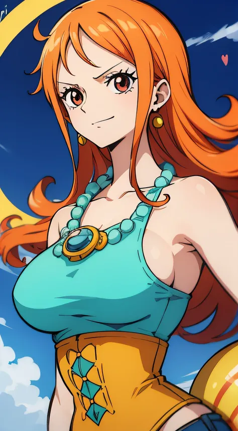 Generar una imagen realista de estilo anime de Nami de One Piece. Captura su apariencia distintiva con cabello naranja, una camisa, and a cheerful expression. Make sure the picture reflects your adventurous and confident personality as shown in the anime.....