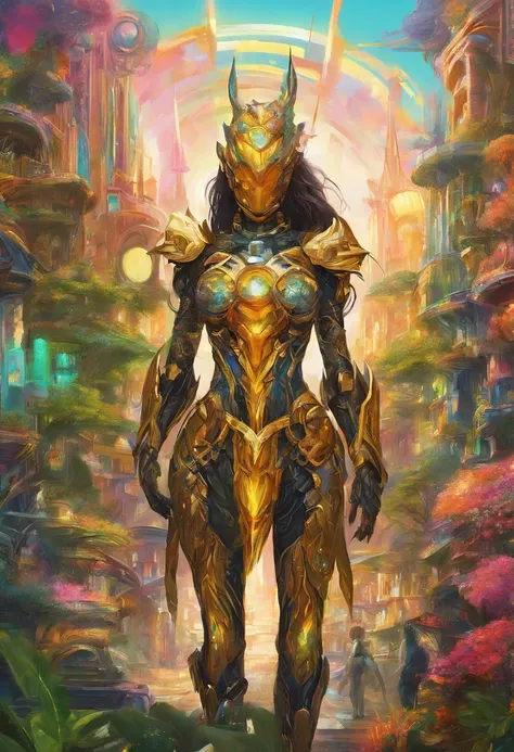 Generate an image of a regular size human female solarpunk-inspired eco-street guardian knight in a city street. The guardian wears a sleek, lightweight solar-powered armor with a golden sheen. Their face is uncovered, revealing their determined expression...