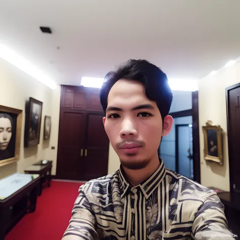 Male, 25 old years, batik shirt, relax expression, selfie, standing In museum building, masterpiece, best quality, outdoor