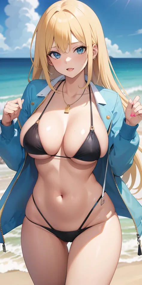 Blonde straight hair, large breasts, thighs, bikini, open jacket, necklace, (best quality:1.5, highres)