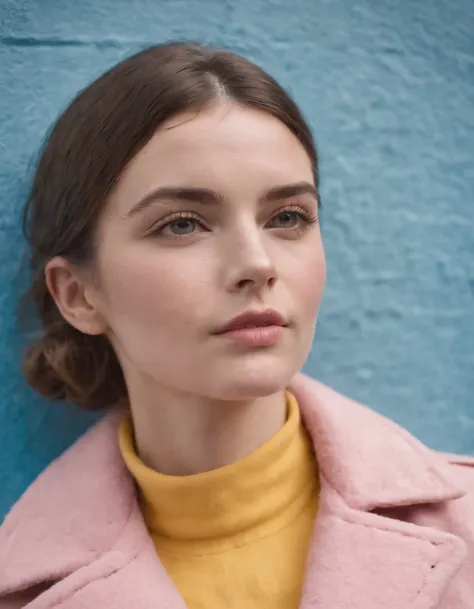 a young female wearing yellow and pink coats in front of blue wall, in the style of heatwave, transparent/translucent medium, contemporary vintage photography, lowbrow, poolcore, associated press photo, feminine body (medium long shot)