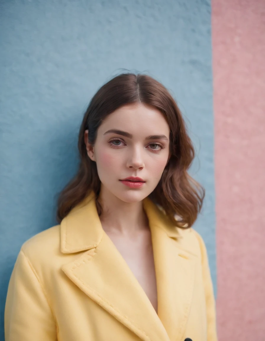 a young female wearing yellow and pink coats in front of blue wall, in the style of heatwave, transparent/translucent medium, contemporary vintage photography, lowbrow, poolcore, associated press photo, feminine body (medium long shot)