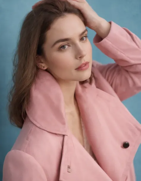 a young female wearing yellow and pink coats in front of blue wall, in the style of heatwave, transparent/translucent medium, contemporary vintage photography, lowbrow, poolcore, associated press photo, feminine body (medium long shot)