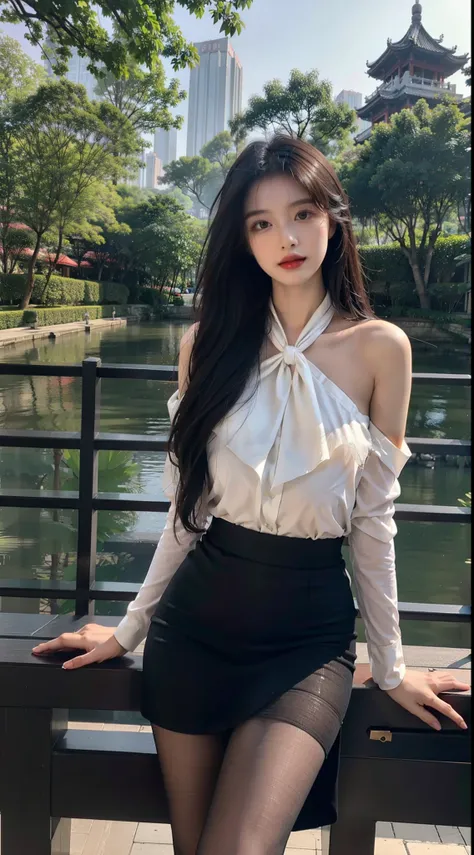 A perfect young female white-collar worker，Chinese big breasts，High picture quality，Works of masters，Black hair，Long hair shawl，Long hair flowing over the shoulders，Beach wave hairstyle，cropped shoulders，鎖骨，exquisite face，Hydrated red lips，flightattendantu...