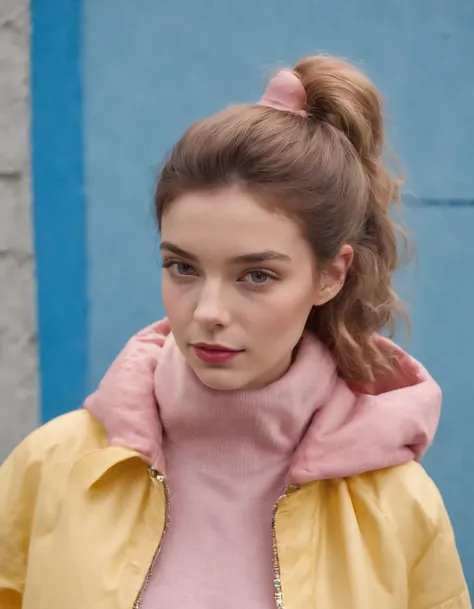 a young female wearing yellow and pink coats in front of blue wall, in the style of heatwave, transparent/translucent medium, contemporary vintage photography, lowbrow, poolcore, associated press photo, feminine body (medium shot)