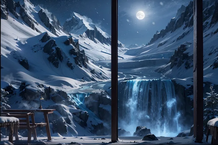 Snow mountain, glacier, night view, full moon، wolfs, beautiful weather snowflakes, waterfall 8K UHD, NVIDIA RTX RENDERING, RAY TRACING, DLSS 3 EFFECTS CINEMATIC EFFECTS,