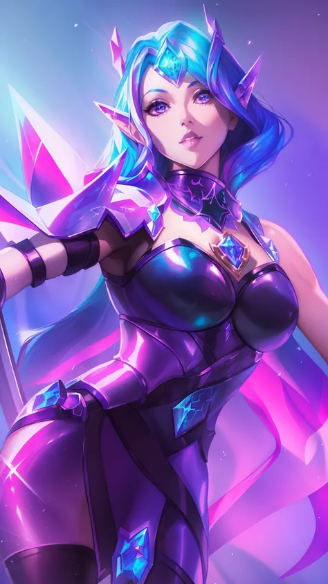 a close up of a woman in a purple outfit holding a sword, crystalline skin, irelia, rossdraws 1. 0, rossdraws cartoon vibrant, i...