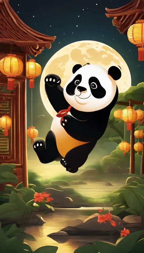 Mid-Autumn Festival、full moon、Two cute pandas stood up，Run towards the camera，themoon，As estrelas，Mooncake stalls、The lights will be lit、fire works、tradit、celebrating、enviroment、Plaza、Bamboo lanterns、the night、celebrating、Artistically、device、decor、resource...