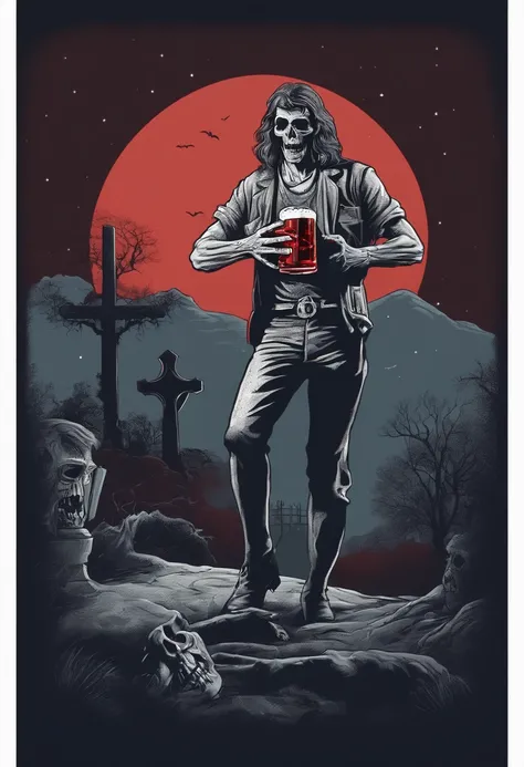 Zombie holding a beer in a graveyard, one red super moon for background. 80 inspired. Vector tshirt design. 80s Digital art