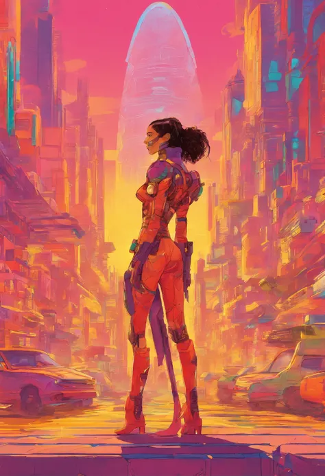 Generate an image of a regular size woman human female with dark hair tied into a bun, shes a solarpunk-inspired eco-street guardian knight in a city street. The guardian wears a futuristic lightweight solar-powered armor with a golden sheen. Her face is u...