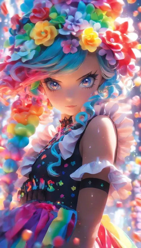 Masterpiece, Best quality,1girll,GothGal,Frilled dress 8K,A high resolution, ( flower_Styler:1.2)(rainbow-candy:1.2)