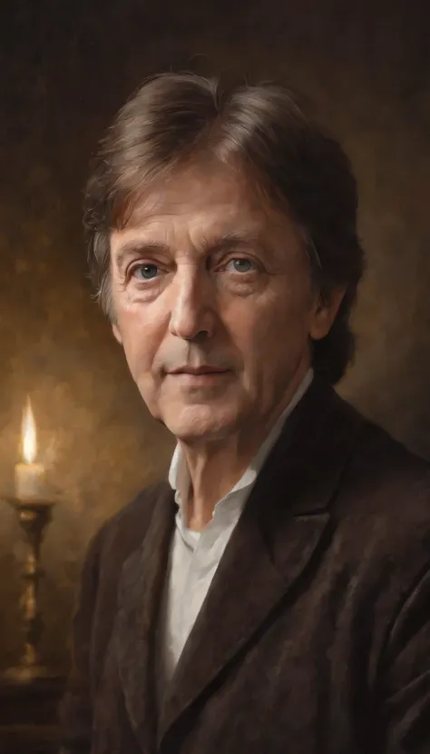 oil painting, heavy brushstrokes, paint drips, a breathtaking portrait of a smiling Paul McCartney, Baroque, dramatic contrasts between light and dark, emotional intensity, tenebrism, soft edges, oil on canvas, romanticism, baroque, realism, chiaroscuro, D...