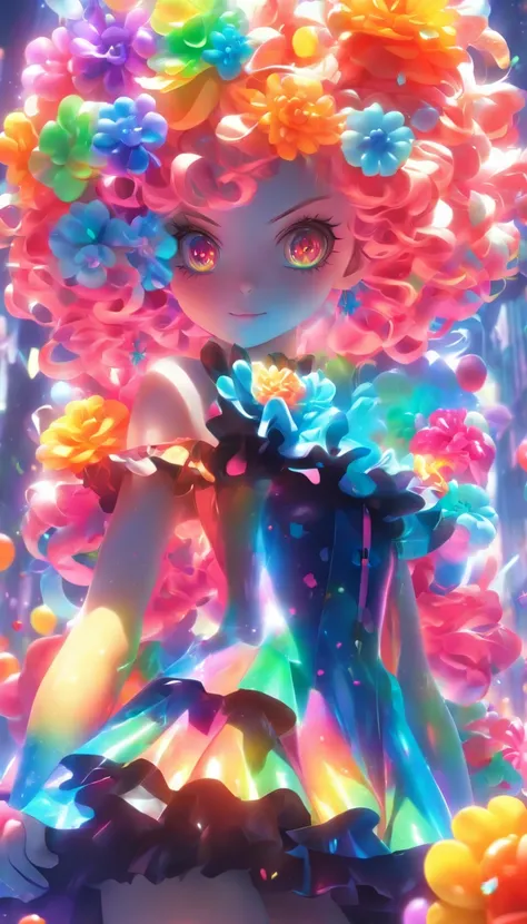 Masterpiece, Best quality,1girll,GothGal,Frilled dress 8K,A high resolution, ( flower_Styler:1.2)，(rainbow-candy:1.2)