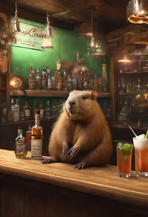 Capybara sitting in the bar，Premium bar，Capybaras drinking cocktails，Perfect capybara limbs