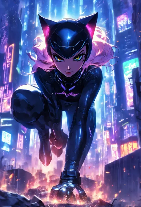 ((Best quality)), ((tmasterpiece)), ((realisticlying)), (A detailed), (Fotor is realistic:1.5), Futuristic Catwoman, (white business suit), Lights in armor, Network cap, looking at viewert, dynamicposes, postapocalyptic, Destroyed city funds, burning build...