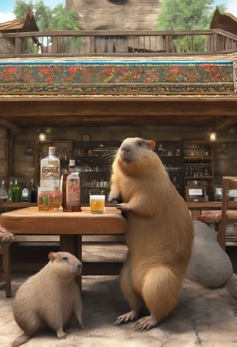 Capybara sitting in the bar，Premium bar，Capybaras drinking cocktails，Perfect capybara limbs