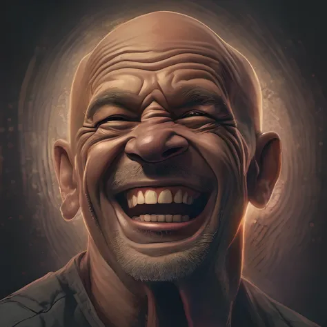 a portrait of a laughing, toxic, muscle, god, elder, (hdr:1.28), bald, hyperdetailed, cinematic, warm lights, intricate details, hyperrealistic, dark radial background, (muted colors:1.38), (neutral colors:1.2)