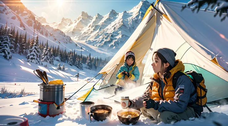 Snow Mountain Camping、Pointing skis to the side of the tent、Boil water on the stove、Male and female couple skiers eating cup ramen noodles、The area is a snowy field、You can see steep mountains in the distance、Perfect Ray Tracing、Dramatic Writing、concept-ar...