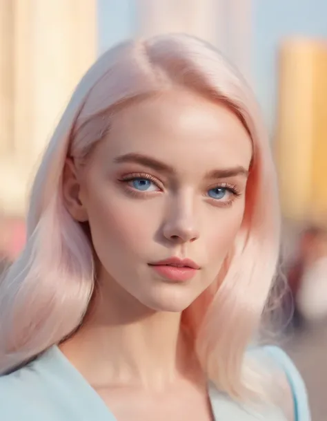 Market, neopop, pastel colors, by jimmy marble, portrait,  straight hair, blue eyes, Barbie (medium shot)