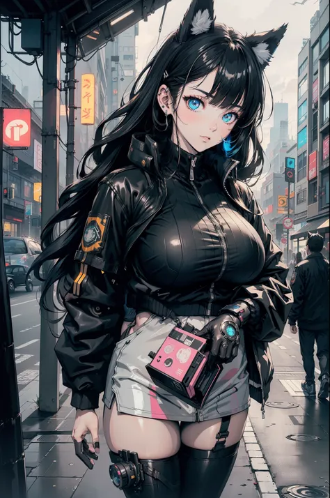 Cyberpunk neko catgirl with cyberpunk prosthetics portrait photograph, cat ears, tech jacket, big breasts, long hair, cyberpunk city streets, futuristic style, Sci-fi, hyper detailed, photorealism, hyper realism, painting, 8K, HD, super resolution , Cinema...