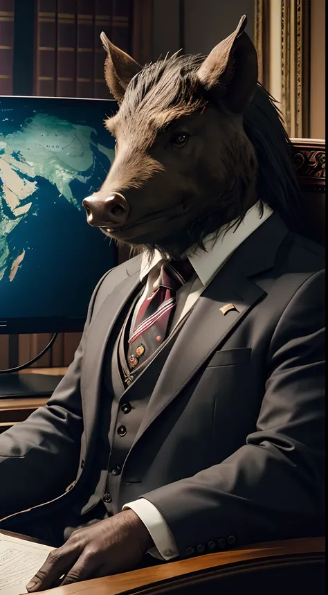 president, president office, sitting behind the president desk, human body, wild boar head, suit, Animal Anthropomorphism, realistic digital, humanoid, abstract background, global illumination, intricate, epic, dramatic, masterpiece, high detail, best qual...