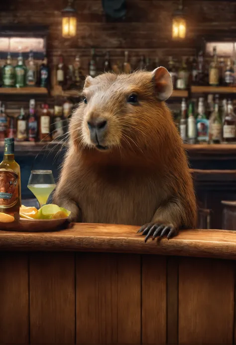 Capybara sitting in the bar，Premium bar，Capybaras drinking cocktails，Perfect capybara limbs