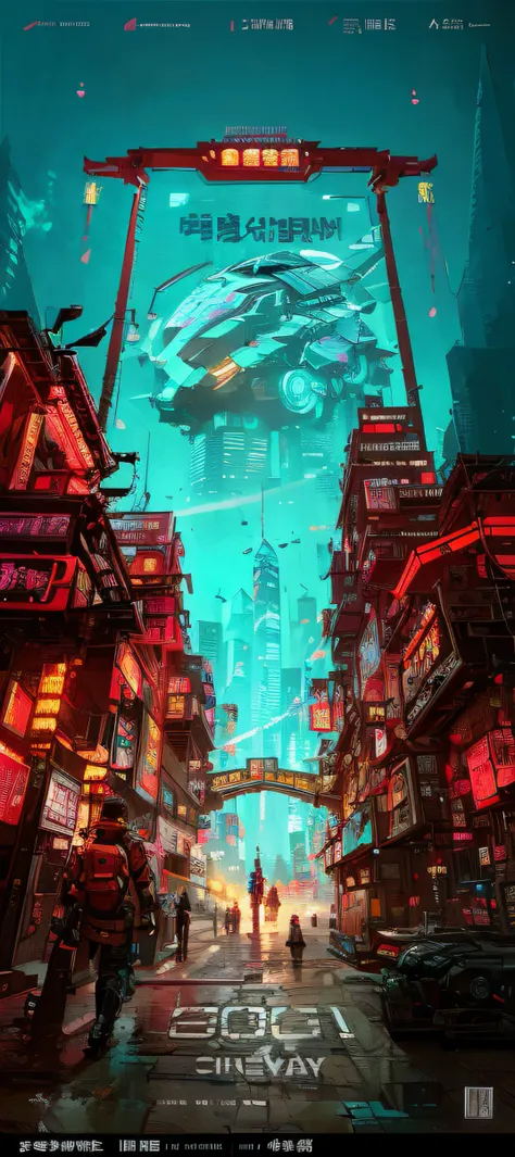 futuristic city scene with a futuristic spaceship flying over a city, inspired by liam wong, cyberpunk themed art, digital cyber...