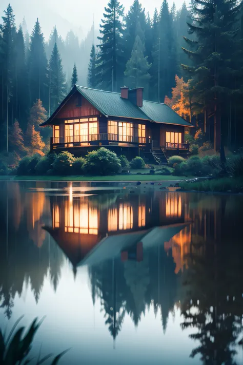 Beautiful house in the middle of the forest in rainy day, cinematic