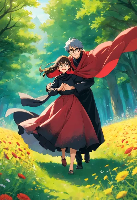 1girl and 1 boy, both 25 years old, light smile, shiny skin, the girl is wearing a beautiful red and black gown and hijab and the the boy is wearing black shirt and glasses in eyes, best quality, masterpiece, ball dancing in a musterd field holding hands (...