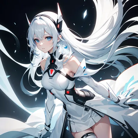 White off-the-shoulders cover the neck with short sleeves，Short light gray skirt，Futuristic technology sense dress，White futuristic technology stockings，A hand on his chest，The other hand is likened to Yahs gesture，Long red hair to the waist，Large hairband...