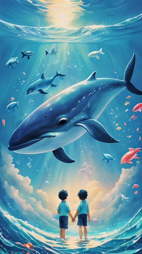 Painting of dolphins swimming in colorful ocean, Look up at the composition, Two boys one short and one short，Jellyfish and whales from the sky, Inspired by Cyril Rolando, A beautiful artwork illustration, author：Shitao, colorful concept art, Makoto Shinka...