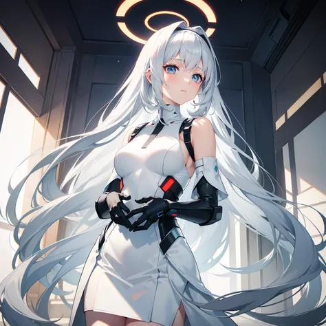 White off-the-shoulders cover the neck with short sleeves，Short light gray skirt，Futuristic technology sense dress，White futuristic technology stockings，A hand on his chest，The other hand is likened to Yahs gesture，Long red hair to the waist，Large hairband...