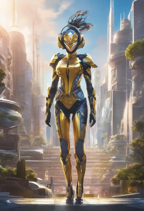 Generate an image of a regular size woman human female with dark hair tied into a bun, shes a solarpunk-inspired eco-street guardian knight in a city street. The guardian wears a futuristic lightweight solar-powered fill-body armor with a golden sheen. a s...