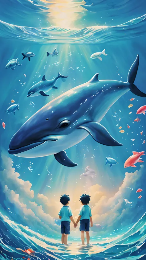 Painting of dolphins swimming in colorful ocean, Look up at the composition, Two boys one short and one short，Jellyfish and whales from the sky, Inspired by Cyril Rolando, A beautiful artwork illustration, author：Shitao, colorful concept art, Makoto Shinka...