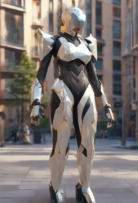 Generate an image of a regular size woman human female with dark hair tied into a bun, shes a solarpunk-inspired eco-street guardian knight in a city street. The guardian wears a futuristic lightweight solar-powered fill-body armor with a golden sheen. a s...