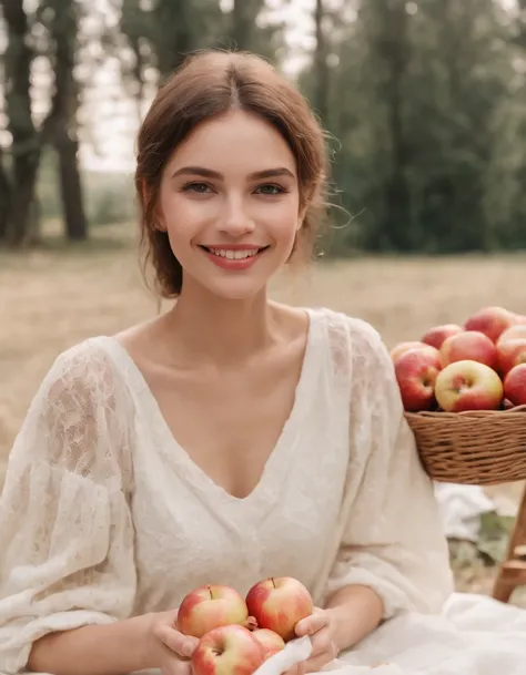 Girl smiling on picnic blanket,There were apples and bread,Cupcakes,picnic table, Surrealist fashion photography style, White and gold, Animated GIFs, photo taken with ektachrome, sportrait, self - portrait, Kawaii fashion (medium long shot)