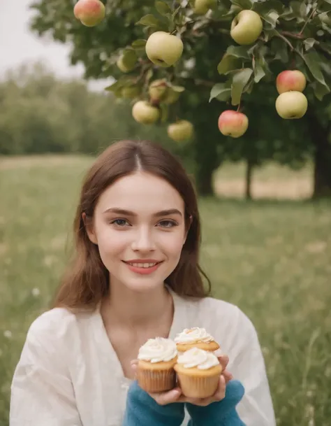 Girl smiling on picnic blanket,There were apples and bread,Cupcakes,picnic table, Surrealist fashion photography style, White and gold, Animated GIFs, photo taken with ektachrome, sportrait, self - portrait, Kawaii fashion (medium long shot)