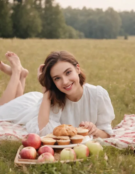 Girl smiling on picnic blanket,There were apples and bread,Cupcakes,picnic table, Surrealist fashion photography style, White and gold, Animated GIFs, photo taken with ektachrome, sportrait, self - portrait, Kawaii fashion (medium long shot)