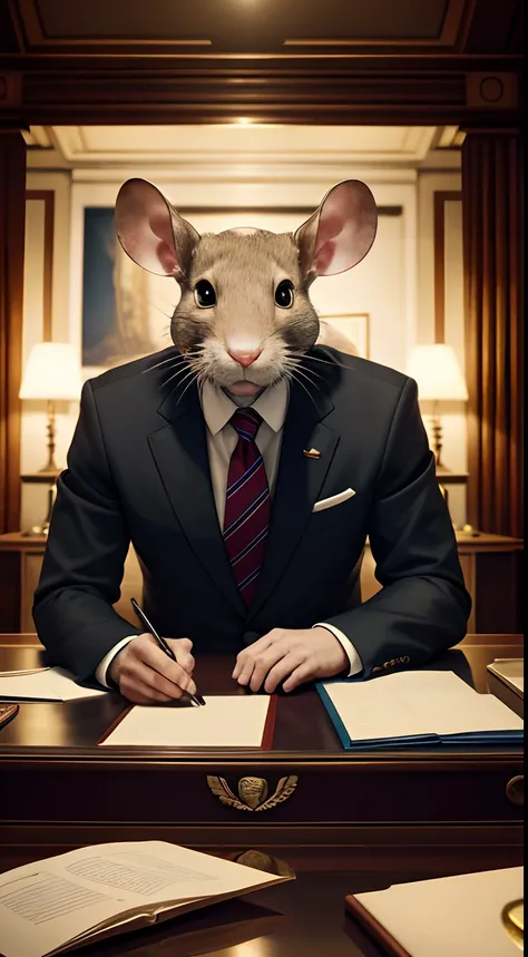 president, president office, sitting behind the president desk, human body, rat face, Animal Anthropomorphism, realistic digital, humanoid, abstract background, global illumination, intricate, epic, dramatic, masterpiece, high detail, best quality, ultra h...