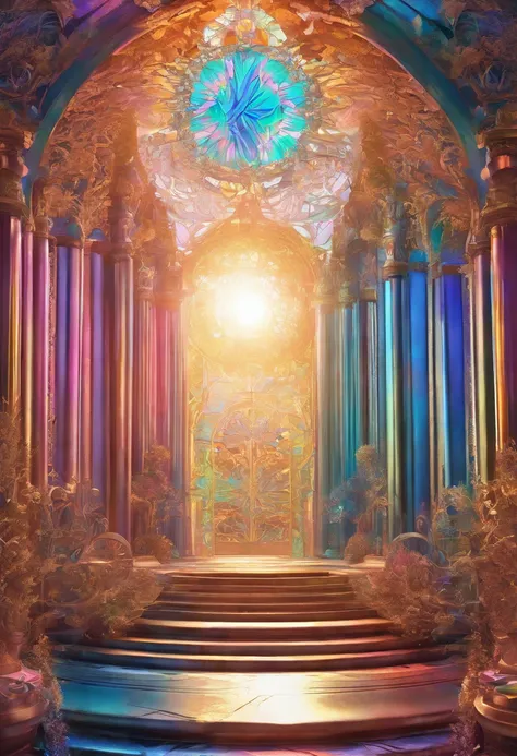 Virtual Scene Design, Rainbow Gradient Galvanized Fiberglass,Surreal visual representation,majestic architecture,Unique,Convoluted,exquisitedetails,(blender,OC rendering,Natural light,Gods Ray Trace,8K),The Glory of God,The Glory of God,celestial realm,Hea...