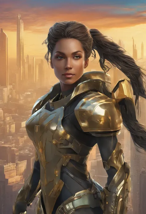 Generate an image of a regular size woman human female with dark hair tied into a bun, shes a solarpunk-inspired eco-street guardian knight in a city street. The guardian wears a futuristic lightweight solar-powered fill-body armor with a golden sheen. a s...