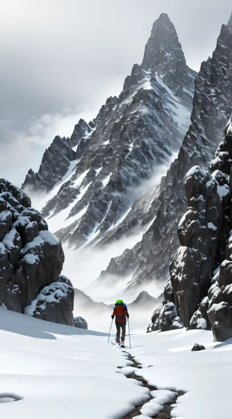 mountain climber hiking up a mountain, snowy, cold, foggy and misty, overcast day, raytracing, detailed, rocks and ice